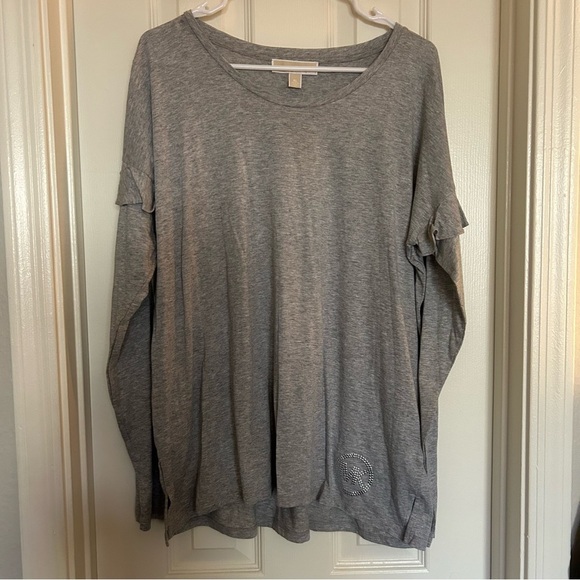 NWT Michael Kors Women's Gray Long Sleeve Ruffles Silver Rhinestone Logo XL - Picture 1 of 11